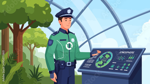 Security Guard Operating Futuristic Control Panel.