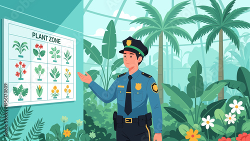 Security guard pointing at plant identification chart.