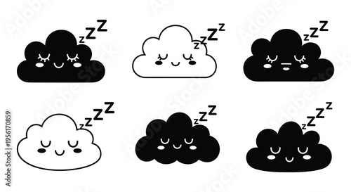 Six smiling clouds with closed eyes appear to be peacefully sleeping