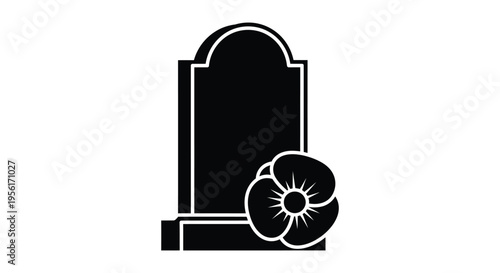 Black Gravestone with Poppy Flower Vector Icon