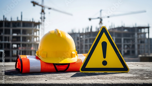 construction site warning sign and safety gear