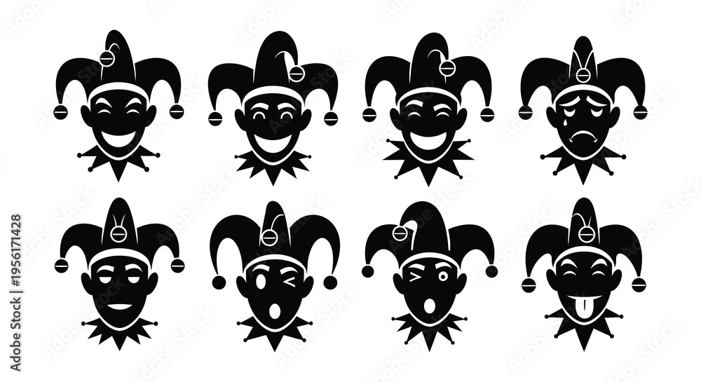 Fototapeta premium Collection of black silhouette jester faces displaying various expressions