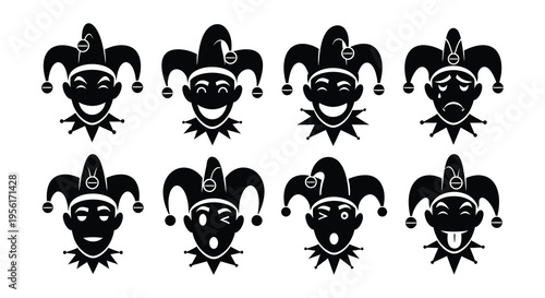 Collection of black silhouette jester faces displaying various expressions