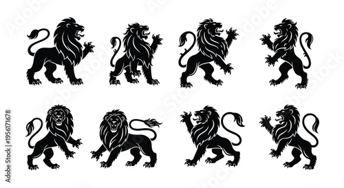 Eight black silhouettes of majestic lions in various dynamic poses