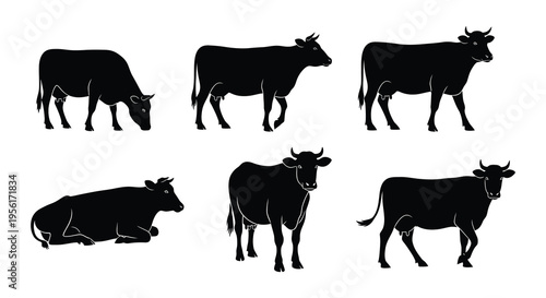Six black silhouettes of cows in various grazing postures