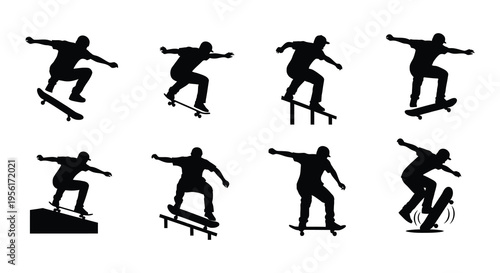 Silhouettes of skateboarders performing various tricks and poses