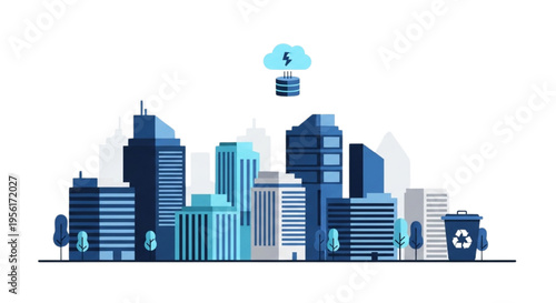 Digital urban landscape showcasing cloud computing, financial data management, and sustainable city initiatives for modern living