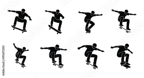 Silhouettes of skateboarders performing various tricks and poses