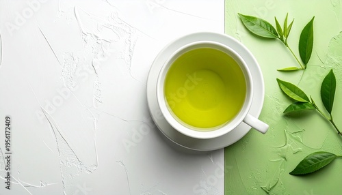 マットな白い漆喰テクスチャ背景に、淡いグリーンの緑茶が入ったシンプルなティーカップを一角に配置したミニマル静物。