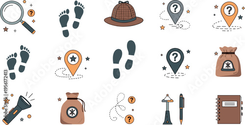Treasure Hunt and Detective Illustration Set with Footprints, Map Pins, Clues, Flashlight and Exploration Elements