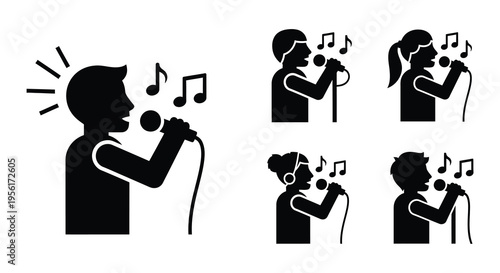 Six black silhouettes of people singing into microphones with musical notes