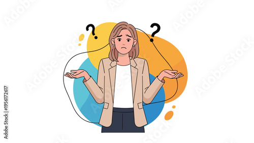 Confused young businesswoman in a beige suit shrugging her shoulders with question marks appearing behind her against colorful shapes.