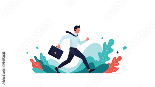 Determined businessman in a white shirt and tie running quickly with a briefcase against a backdrop of stylized green leaves.