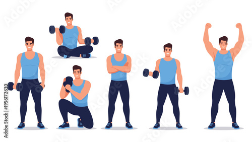 Muscular man in blue workout gear performing various strength training exercises with dumbbells and kettlebells in different poses.
