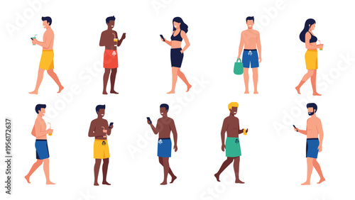 Collection of diverse men and women in colorful swimwear walking and standing while holding drinks and mobile phones.