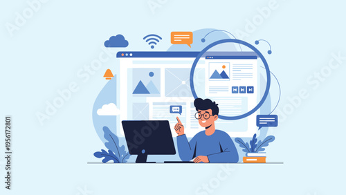 Creative young man using computer for web design and digital content creation surrounded by various social media and technology icons.
