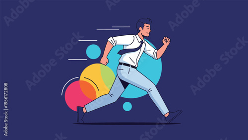 Dynamic businessman running fast towards his goals against a background of colorful abstract circles symbolizing speed and success.