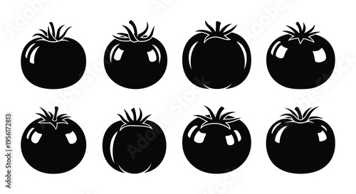 A collection of black and white tomato illustrations in various forms