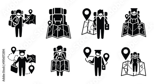 Travel icons depicting people with maps backpacks and location markers