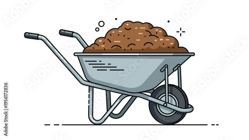 Metal construction wheelbarrow filled with a heap of brown garden soil or organic dirt ready for landscaping or professional building work.