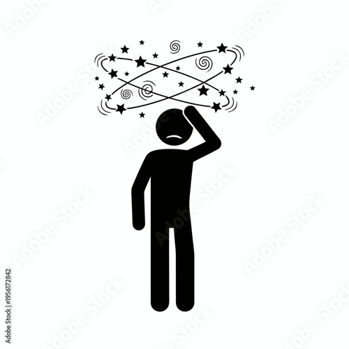 Minimalist Icon of Dizzied Person with Spinning Stars and Swirls Above Head, Representing Vertigo or Headache.
