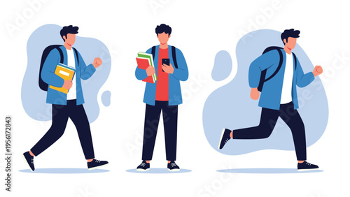 Young male student carrying a backpack and books while showing different movements like walking, standing, and running to class.