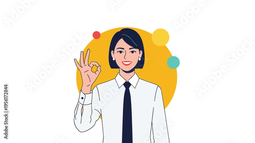Confident businesswoman in a professional white shirt and black tie making an okay finger gesture to signal approval and total satisfaction.