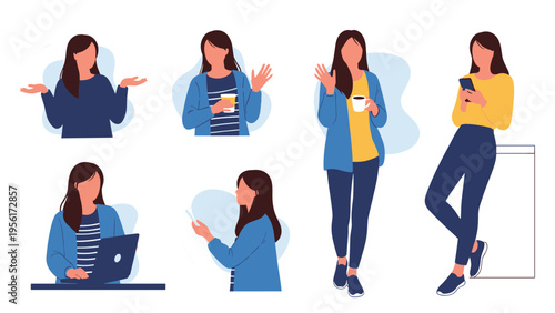 Young woman character set showing daily life activities such as drinking coffee, using a laptop, and checking her mobile phone.