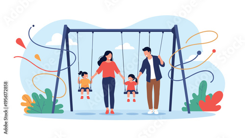 Happy family spending quality time together at a playground with parents pushing their young children on colorful swings outdoors.