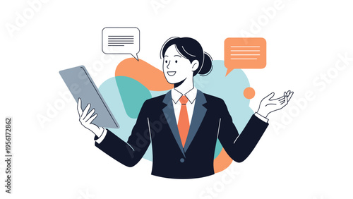 Cheerful businesswoman using a digital tablet to communicate or manage projects while surrounded by abstract shapes and speech bubbles.