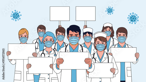 Group of diverse doctors and nurses wearing protective face masks while holding blank white placards during a healthcare awareness campaign.
