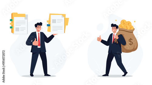 Successful businessman showing approval with a thumbs up while holding business documents and carrying a large bag of gold coins.