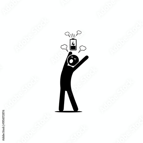 Minimalist graphic showing a stick figure looking up in distress with an overheating battery symbol above indicating career burnout