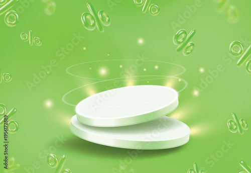 3d spring sale podium banner template with percent sign flying around, isolated on green background with spotlight effect on stage. Discount banner template, promo vector