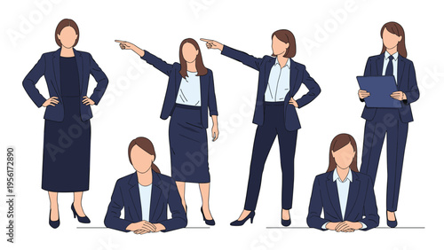 Set of professional women characters wearing business suits in diverse poses including pointing, standing, and holding folders.