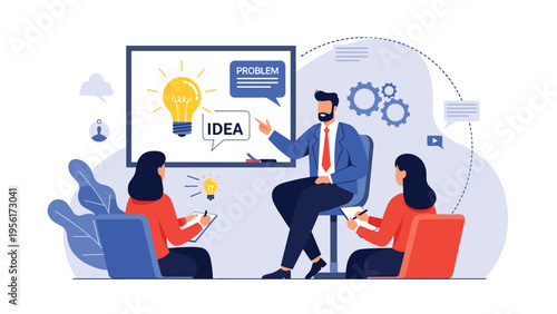 Creative business team brainstorming and exploring new ideas together around a large whiteboard with a bright lightbulb symbol.