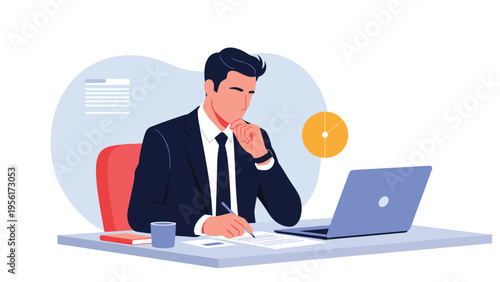 Focused professional businessman sitting at his desk working on a laptop while taking notes on important project documents.