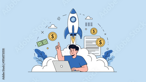 Ambitious entrepreneur working on a laptop to launch a new business startup represented by a rocket taking off and financial icons.