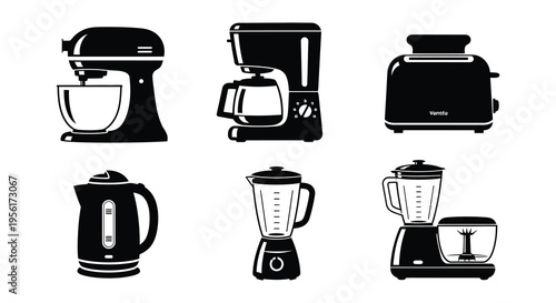 Collection of black silhouette kitchen appliances and cooking utensils