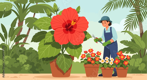 Woman tending to vibrant potted hibiscus and begonias.