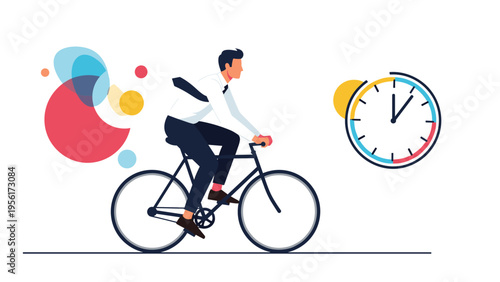 Successful businessman riding a bicycle to work with a large clock in the background symbolizing time management and speed.