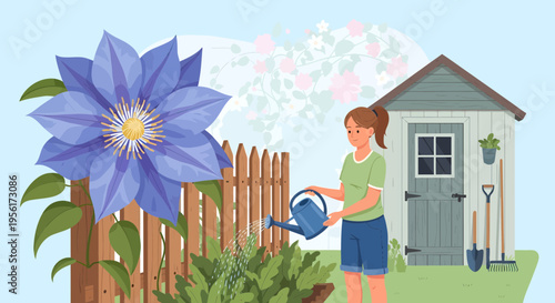 Woman watering plants in garden near fence and shed.