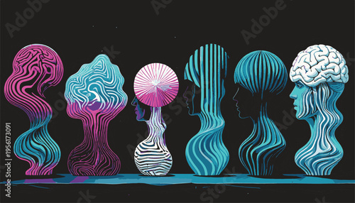 Abstract Brains and Thought Forms: A captivating conceptual illustration showcasing a series of abstract head forms, with a brain, in vibrant colors.