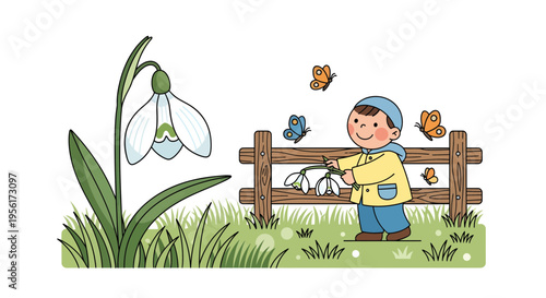 Young boy in yellow jacket observing snowdrop flowers and butterflies.