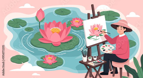 Artist paints beautiful lotus flowers in serene pond setting.