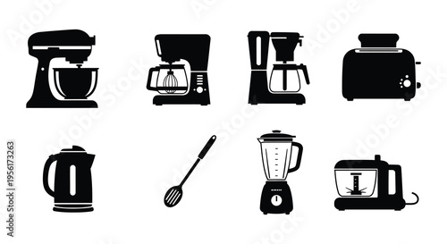Collection of black silhouette kitchen appliances and cooking utensils