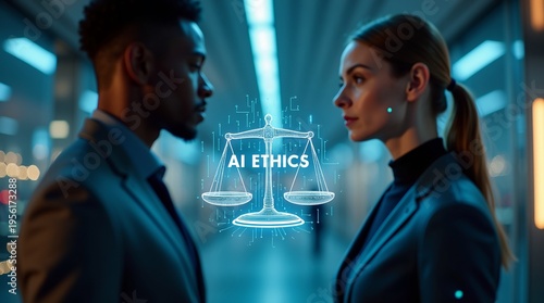 A Black male and a White female professional facing each other, representing a discussion on AI ethics in a modern office setting.