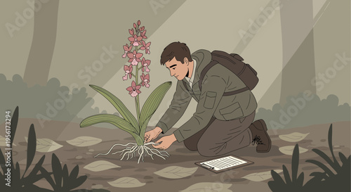 Botanist studying a rare flowering plant in its natural habitat.
