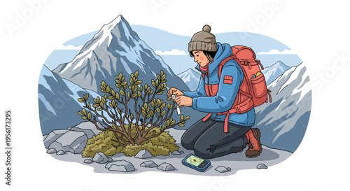 Botanist studying alpine flora in snowy mountains.