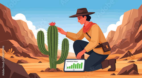 Cowboy examining cactus with growth chart on tablet.